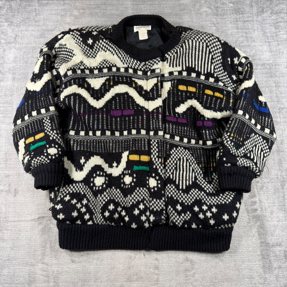 Vintage Yves Venet Jacket Womens 40/42 Black Geometric Knit 80s Heavyweights